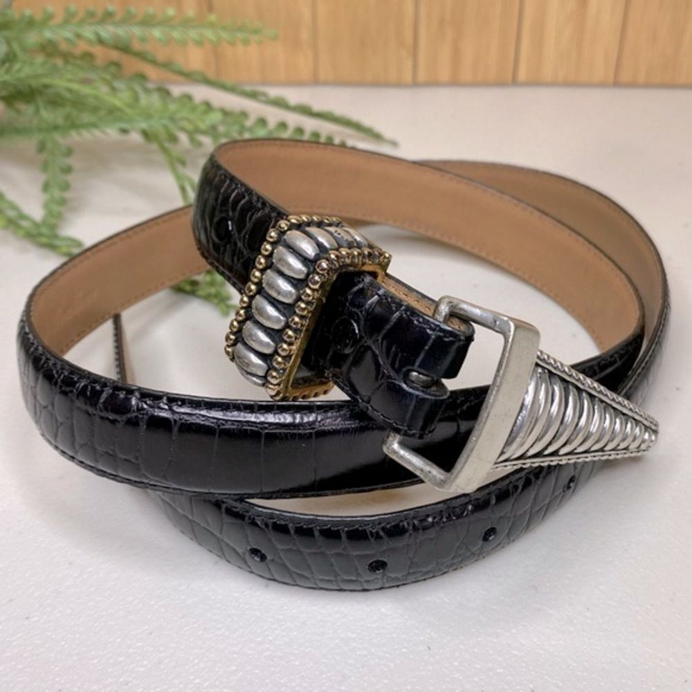 Vintage Vicenza 1472 Black Genuine Italian Leather Tooled Buckle Belt Size 35